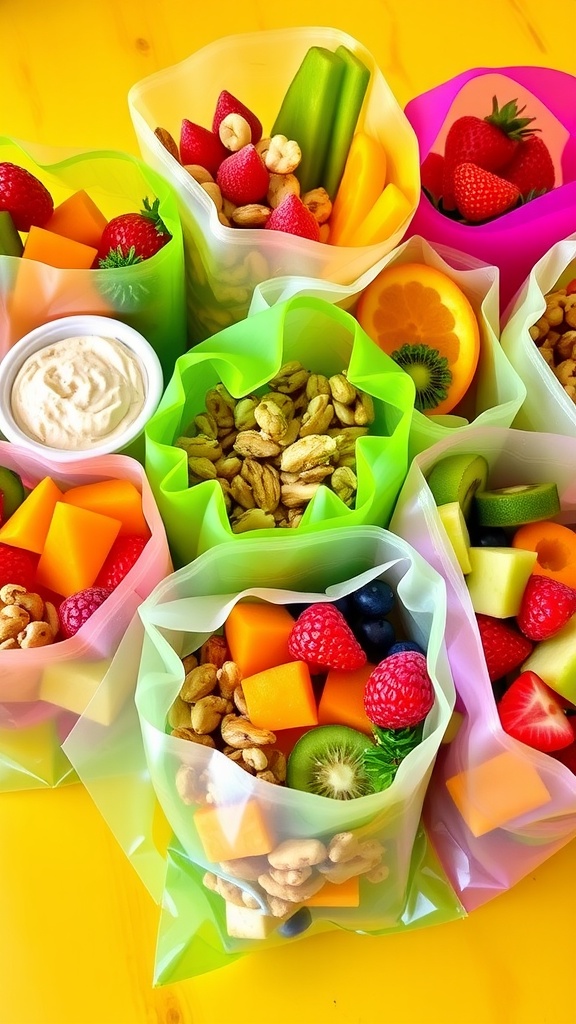Healthy snack packs featuring fruits, vegetables, nuts, and hummus on a wooden table.